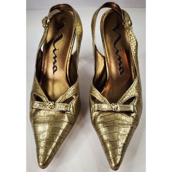 Nina Shoes Womens Size 7 Gold Slingback Alligator Print Pointed Toe Dress Heels - Picture 2 of 11